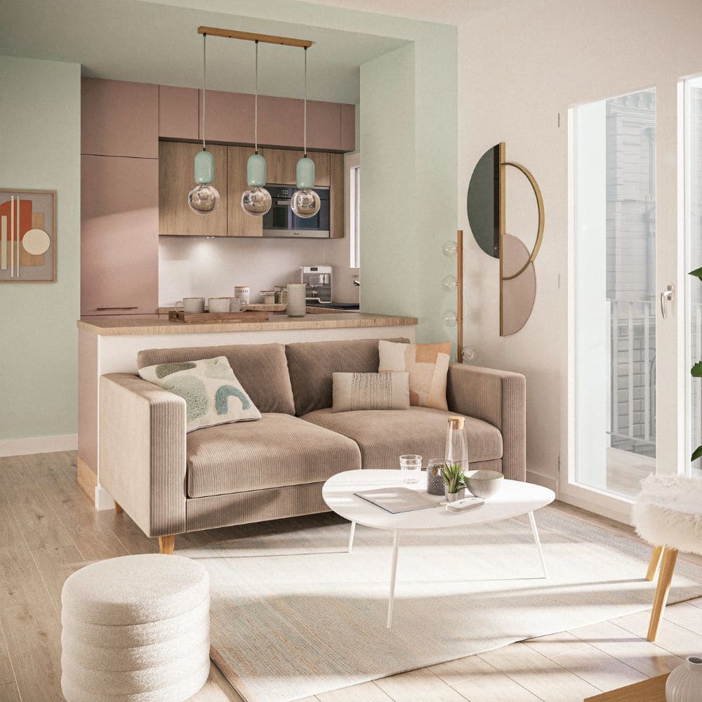 Canapé Holden Maison du Monde beige 3 places dans un salon cosy 