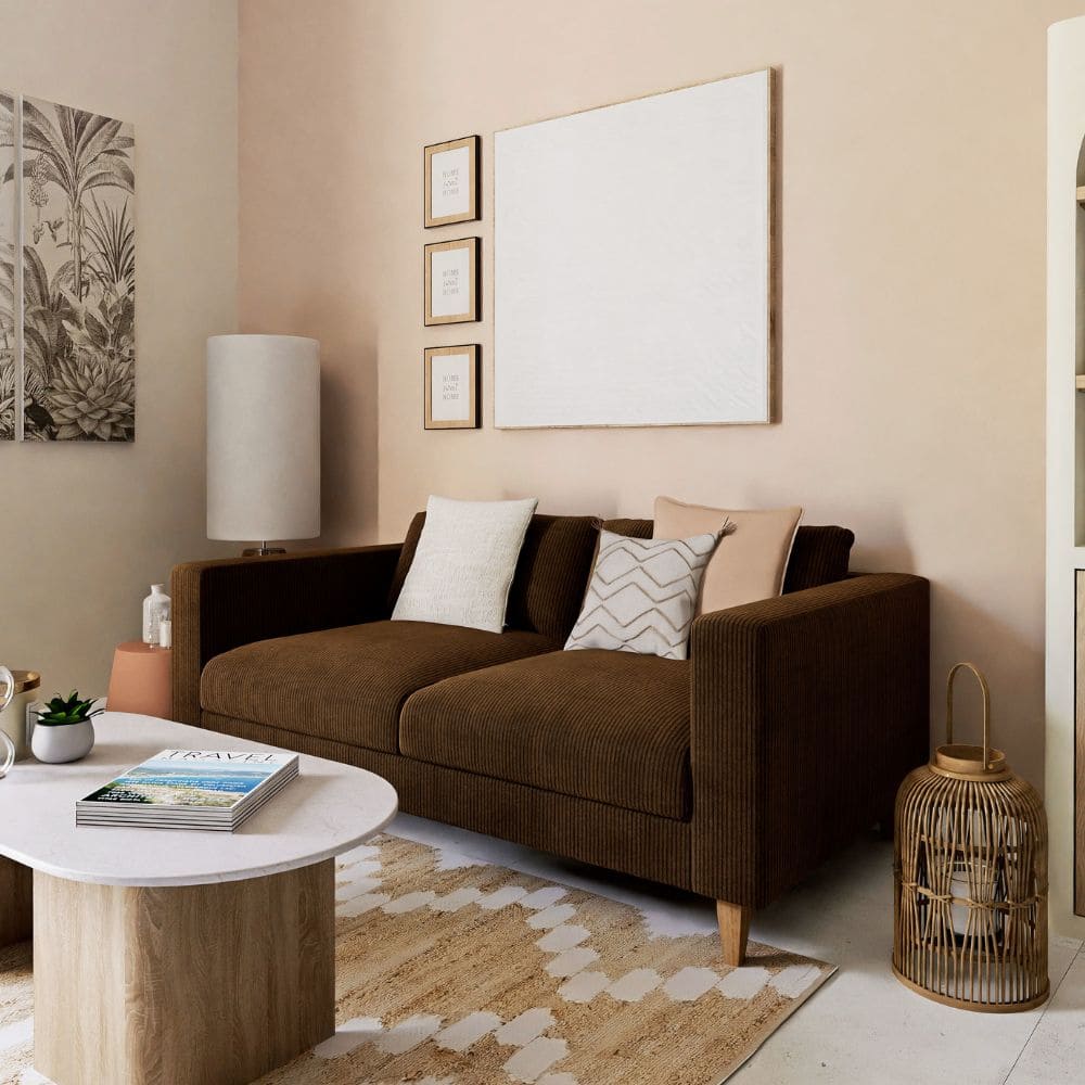 Canapé Holden Maison du Monde convertible marron dans salon chic