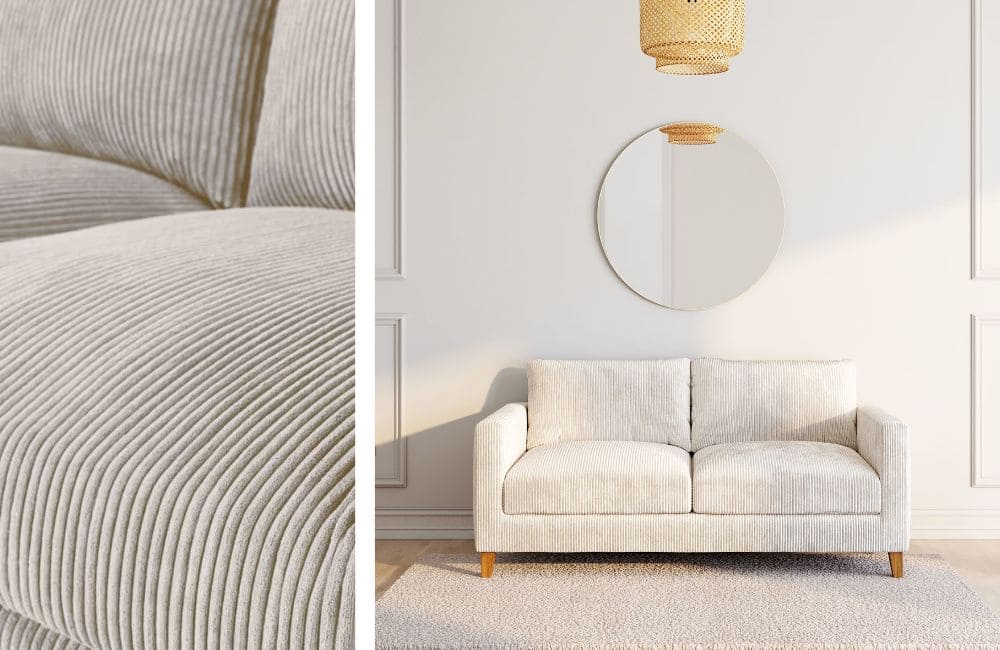 Canapé Holden Maison du Monde en velours côtelé beige dans salon chic - VeloursGallery