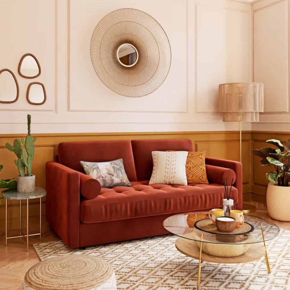 Canapé Wael en velours Maisons du Monde dans beau salon scandinave