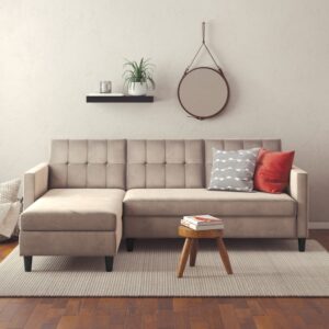 Avis du canapé Hartford Dorel Home : Notre avis sur ce canapé-lit 3 places avec rangement en velours taupe